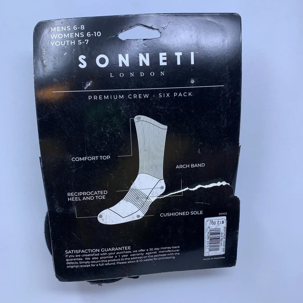 Sonneti London Unisex M 6-8 W 6-10 Black Premium Crew 3 Pair Socks NWT